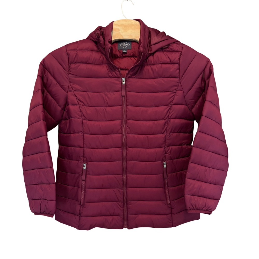 St. John's Bay Puffer Jacket Women XL Deep Ruby Quilted Removable Hood NWT